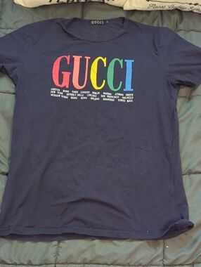 Gucci Cities Rainbow Navy Blue Tee Size M